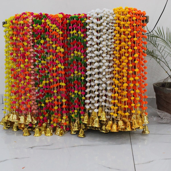 Indian  Decor Pom Pom Bells Strings Garland, Christmas Tree Bell String, Wedding Party Backdrops Decor, Cotton pom pom , party backdrop