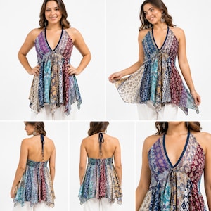 Boho-Bluse aus handgefertigtem Patchwork-Seiden-Sari mit Neckholder aus fairem Handel (Einheitsgröße) [Einheitsgröße]