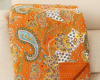 Indian Paisley Cotton Quilt | Hand-Stitched Kantha Bedspread | Ethnic Bohemian Bedding