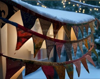 Handmade Sari Fabric Flags – Upcycled Bunting for Mandir, Boho Wall Garland, Eco Decor for Party or Ceremony&quot;