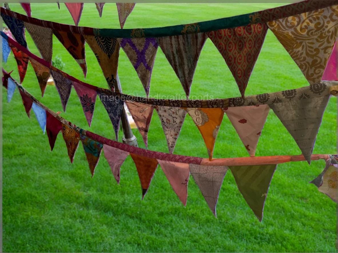 Bohemian Sari Fabric Bunting – Eco-Friendly Party Garland, Recycled Indian Wedding Decor, Spiritual Wall Banner"