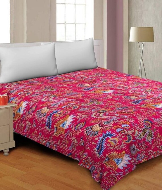 Indian Handmade Pink Bird Print TwinKing Cotton Kantha Quilt Throw Blanket Bedspread Vintage Quilt Bedding Blanket