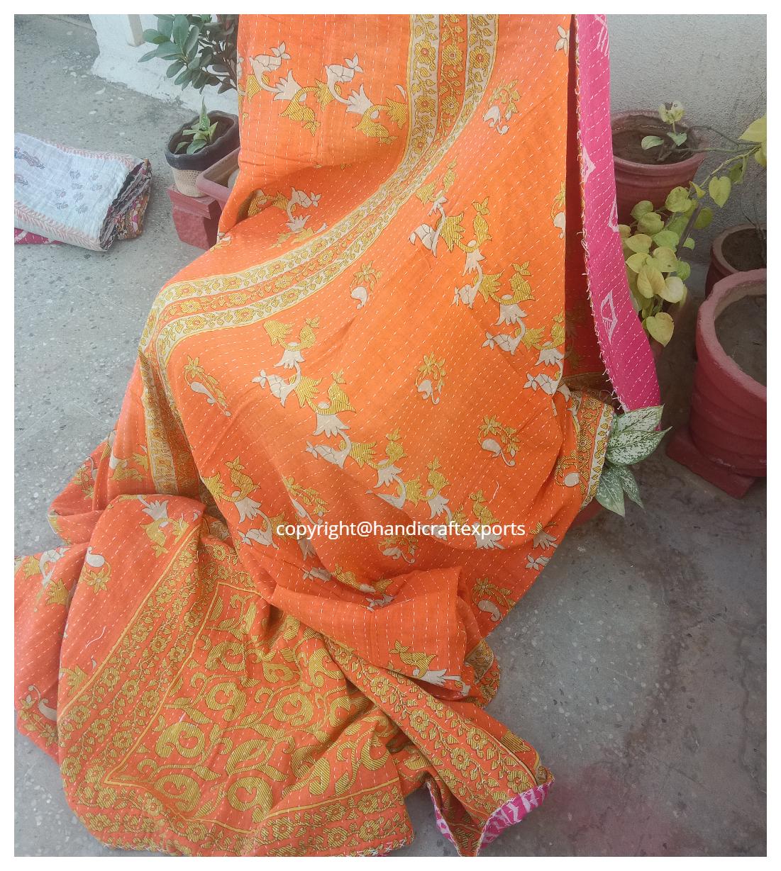 Giacca Kantha Trapuntata Arancione – Stampa Tropicale, Boho, Media Lunghezza