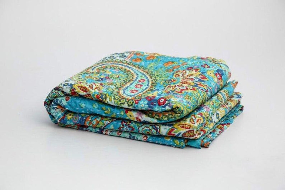 Cotton Kantha Blanket Hand Stitched Kantha Bedspread Bohemian Etsy
