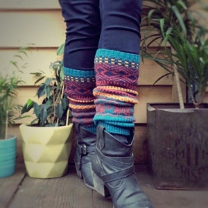Bohemian Blue Leg Warmers • Knitted Chunky Boot Cuffs • Boho Style Leg Warmers