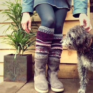 Fair Isle Grey Leg Warmers • Knitted Chunky Boot Cuffs • Boho Style Leg Warmers