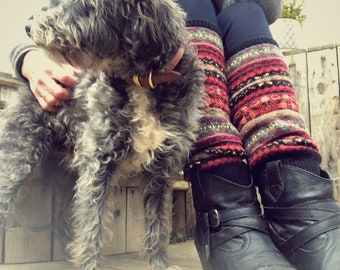 Fair Isle Black Leg Warmers • Knitted Chunky Boot Cuffs • Bohemian Style Leg Warmers