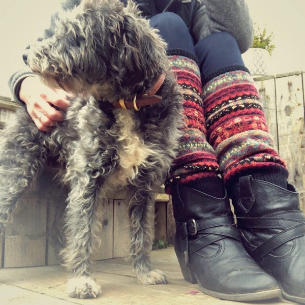 Fair Isle Black Leg Warmers • Knitted Chunky Boot Cuffs • Bohemian Style Leg Warmers