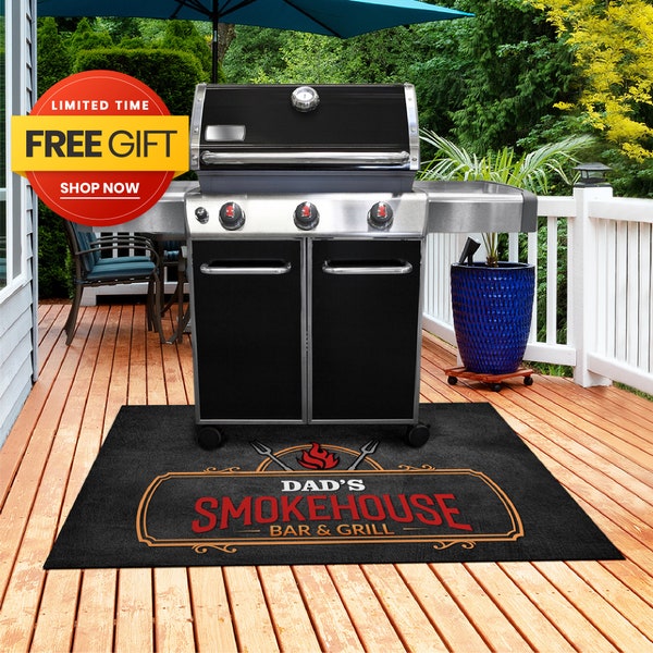 Dad's SmokeHouse Bar Grill Matte personalisiert, Grillmatte BBQ Matte Vatertagsgeschenk, Geschenk für Papa Opa Ehemann Opa, Hinterhofmatte GM03