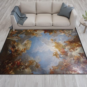 Puede incluir: Una alfombra rectangular con una pintura vintage de un cielo nublado con figuras y ángeles. La alfombra tiene un borde marrón oscuro.