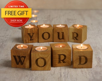 Your Word Letter Personalized Wooden Blocks Engraved Blocks Tealight Candle Holder Rustic Farmhouse Decor Custom Alphabet Blocks