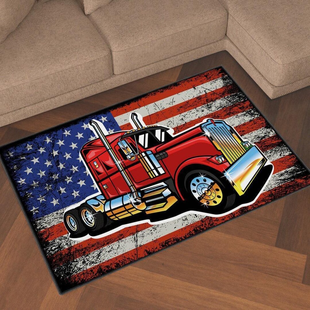 Heavy American Truck Rug, Gift for Patriots, Trailer Truck Area Rug ...