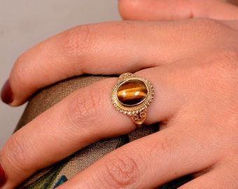 Tiger Eye Ring, Handmade Ring, Brass Ring, Tiger's Eye Silver Ring For Women, Gift For Her, Anniversary Ring, Promise Ring, Dainty Ring,