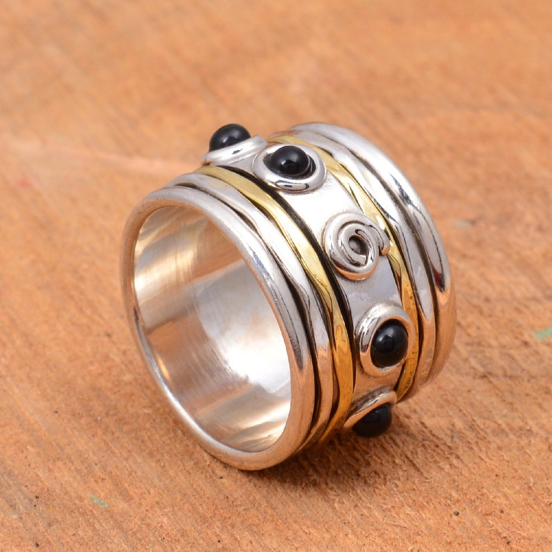 round stone ring spinner ring stacking ring 925 silver ring,Black spinal ring