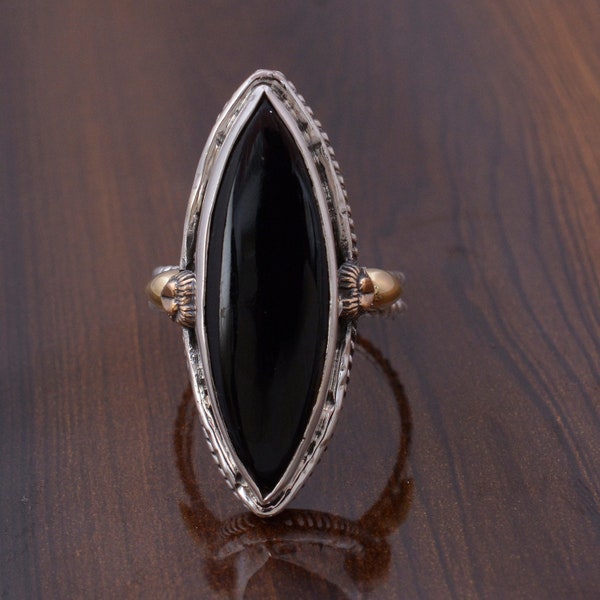 Black obsidian ring, black obsidian gemstone ring, handmade marquis shape black obsidian ring, black obsidian jewelry, black gemstone ring
