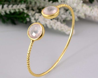 18k Gold Double Rose Quartz Bangle | Rose Quartz Gold Bracelet | Gold Plated Adjustable Women's Bangle | Wedding Bangle