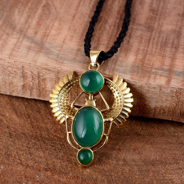 Golden Scarab Necklace / Green Onyx Scarab Pendent / Talisman jewelry / Third Eye / Boho / Inca / Ethnic / Illuminati