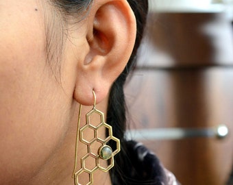 Honeycomb Earrings, Dangle Geometric Earrings, Hexagons Earrings, Geometric Jewelry, Bridesmaid Gift, Wedding Earrings, Gemstone Earrings