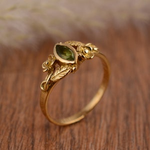 Peridot Leaf Ring | 18k Gold  Wedding Ring | Flower Stacking Ring | Marquise Cut Peridot Ring | Floral Ring