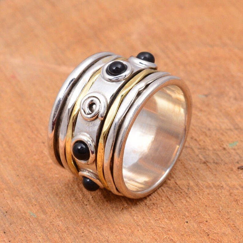 round stone ring spinner ring stacking ring 925 silver ring,Black spinal ring