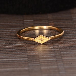 North Star Ring, 18k Gold Minimalist Signet Ring, Celestial Ring, Starburst Ring, Compass Ring, Thin Gold Band Ring, 925 Silver Ring,