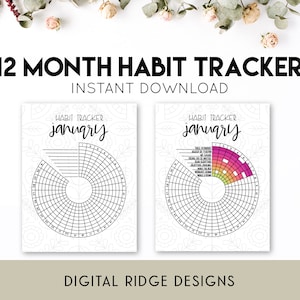May include: Printable 12-month habit tracker with a black and white design. The tracker is a circle divided into sections with lines for each day of the month. The word "January" is written in black cursive at the top of the tracker.