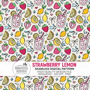 Strawberry Lemon Hand-Drawn Seamless Pattern File, 300 DPI PNG, Summer Lemonade Stand, Pastel Pink and Yellow