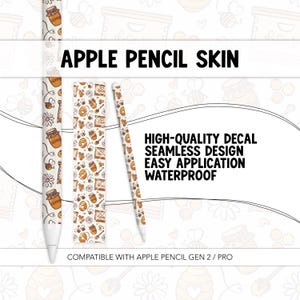 May include: Apple Pencil skin featuring a honeybee and honeycomb design. The skin is white with a repeating pattern of honey jars, bees, and flowers. Text on the skin reads "Apple Pencil Skin", "High-Quality Decal", "Seamless Design", "Easy Application", and "Waterproof".