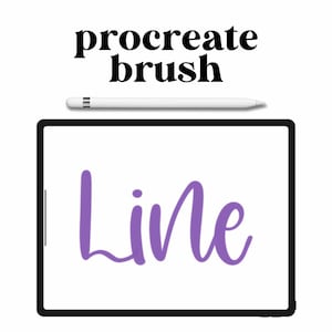 Può includere: Un'illustrazione digitale della parola "Line" scritta in un carattere corsivo viola su uno sfondo bianco. L'illustrazione è visualizzata sullo schermo di un tablet con una stilo bianca appoggiata sopra il tablet.