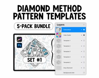 ダイヤモンドメソッド シームレスパターンテンプレート 5パックバンドル ProcreateとPhotoshopのサーフェスデザインガイド デジタルイラストリソースツール