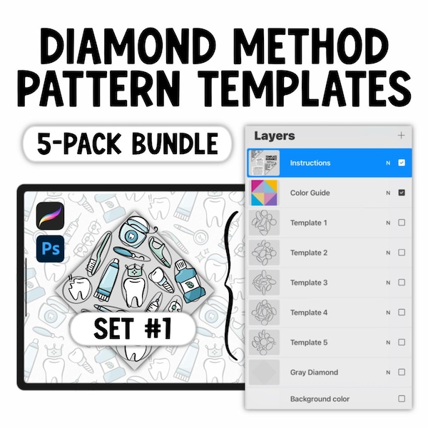 Pacote com 5 modelos de padrões contínuos do Método Diamante, guias para Procreate e Photoshop para design de superfície e ilustração digital.