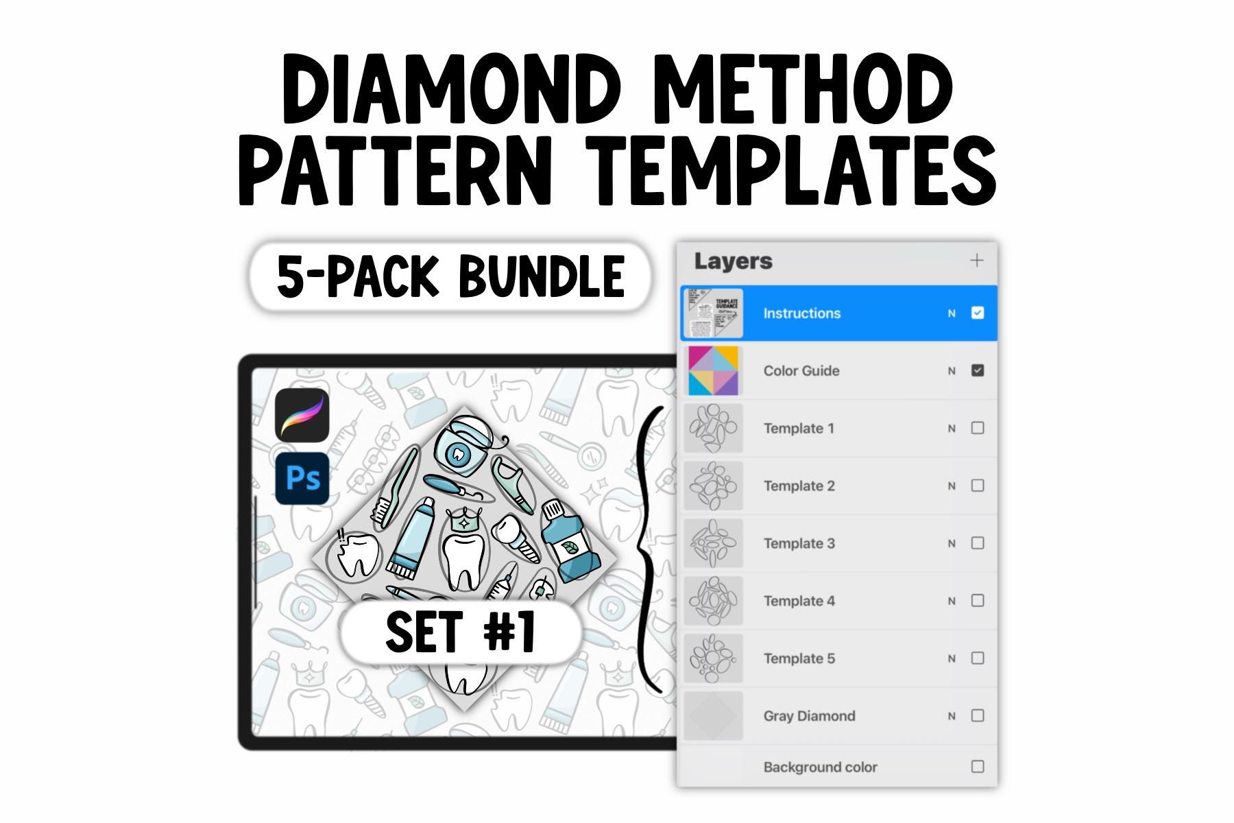 Diamond Method Seamless Pattern Templates 5-pack Bundle Procreate and ...