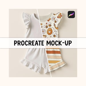 Puede incluir: Imagen dividida que muestra un conjunto de bebé blanco y un conjunto estampado con abejas, flores y rayas. El conjunto blanco incluye una parte superior y pantalones cortos con volantes. El conjunto estampado tiene un diseño con temática de abejas y miel. El texto "PROCREATE MOCK-UP" está presente.