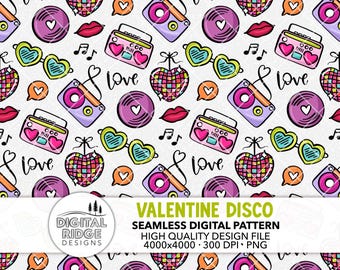 Valentine Disco Hand-Drawn Seamless Pattern File, 300 DPI PNG, Pink Galentine Retro