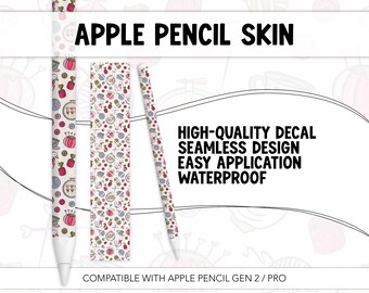 May include: An Apple Pencil skin with a white background and a repeating pattern of pink, gray, and green sewing-themed illustrations. The text on the image reads "APPLE PENCIL SKIN" and "HIGH-QUALITY DECAL SEAMLESS DESIGN EASY APPLICATION WATERPROOF".