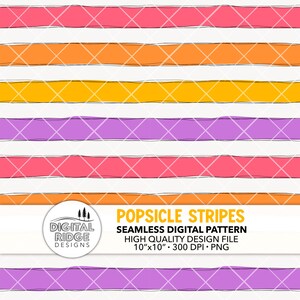 May include: Seamless digital pattern featuring horizontal stripes in pink, orange, yellow, and purple, with a white crisscross design. The text "POPSICLE STRIPES" is displayed, along with details about the design file.