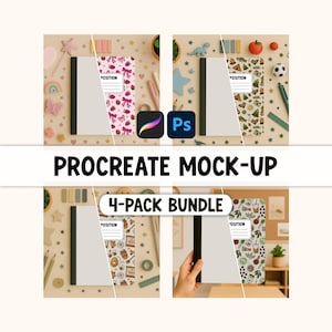 May include: A 4-pack bundle of composition notebooks with various cover designs. The covers feature patterns with strawberries, camping scenes, food illustrations, and other decorative elements. The image includes the text "PROCREATE MOCK-UP" and "4-PACK BUNDLE".