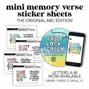 May include: A set of four colorful sticker sheets with Bible verses printed in a unique, jumbled letter format. Each sheet features a different verse and is labeled with the book and chapter. The text "FREE LOCK SCREEN OF EACH DESIGN AVAILABLE ON" is printed on a blue and yellow circle with a white cloud background. A phone screen displays a sticker sheet with the verse "Matthew 4:4". The text "LETTERS A-M NOW AVAILABLE ORDER 1 VERSE, 5, OR ALL 13" is printed below the phone.