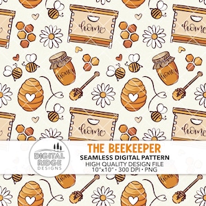 Peut inclure: Un motif numérique sans couture sur le thème de l'apiculture avec des rayons de miel, des abeilles, des pots de miel, des fleurs et des ruches. Le motif est dans les tons de jaune, brun et blanc sur un fond crème. Le texte "home" apparaît sur les ruches.