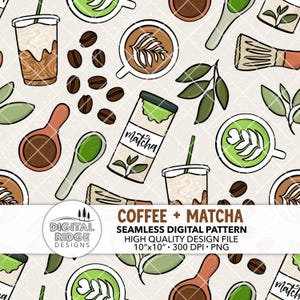 Könnte beinhalten: Nahtloses digitales Muster mit Kaffee- und Matcha-Illustrationen. Das Design umfasst Kaffeebohnen, Latte Art, Matcha-Pulver, Löffel, Quirls und Getränke. Der Text "COFFEE + MATCHA" ist zu sehen. Die Designdatei ist 25,4 cm x 25,4 cm groß.