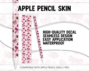 May include: Pink Apple Pencil skin with a pattern of bows and strawberries. The text "APPLE PENCIL SKIN" is displayed at the top. Additional text reads "HIGH-QUALITY DECAL, SEAMLESS DESIGN, EASY APPLICATION, WATERPROOF". Compatible with Apple Pencil Gen 2 / Pro.