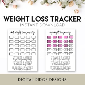 May include: Printable weight loss tracker with two different designs. The first design is a grid with boxes for recording weight loss progress. The second design is a timeline with boxes for recording weight loss progress. Both designs include the text "my weight loss journey" and "IT TAKES 4 WEEKS for you to see your body change".
