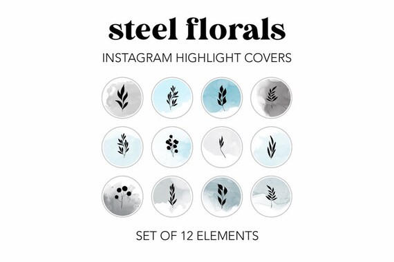 Steel Floral Instagram Highlight Covers, Blue Gray Icon, Branded