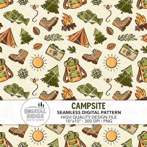Campsite Hand-Drawn Seamless Pattern File, 300 DPI PNG, Instant Download, Vinyl, Fabric, Surface Design, Hiking, Campground, Tent, Outdoors