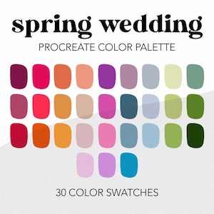 May include: A Procreate colour palette with 30 colour swatches in shades of pink, purple, orange, red, blue, green, and beige. The palette is titled "spring wedding".