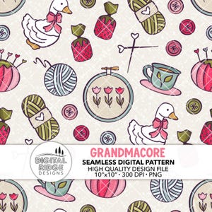 May include: Seamless digital pattern with a 'Grandmacore' theme. The design features illustrations of geese with pink bows, strawberries, yarn, buttons, embroidery hoops with flowers, and teacups. The pattern is 25.4cm x 25.4cm and 300 DPI.