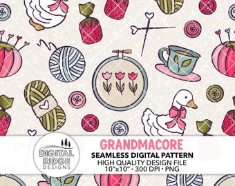Grandmacore Hand-Drawn Seamless Pattern File, 300 DPI PNG, Instant Download Grandma Style Hobbies Vintage Granny Crochet Knitting Sewing
