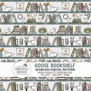 以下が含まれることがあります： 本、ガチョウ、植物でいっぱいの本棚が描かれたシームレスなデジタルパターン。本棚は白い背景の上にあります。パターンは10インチ×10インチ、300 DPIです。画像の上部には「Goose Bookshelf」というテキストがあります。