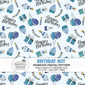 May include: A seamless digital pattern featuring a blue and white birthday theme. The pattern includes balloons, cupcakes, candles, gift boxes, party hats, and the text "Happy Birthday".