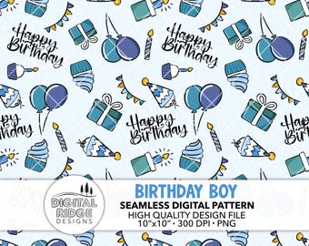 May include: A seamless digital pattern featuring a blue and white birthday theme. The pattern includes balloons, cupcakes, candles, gift boxes, party hats, and the text "Happy Birthday".